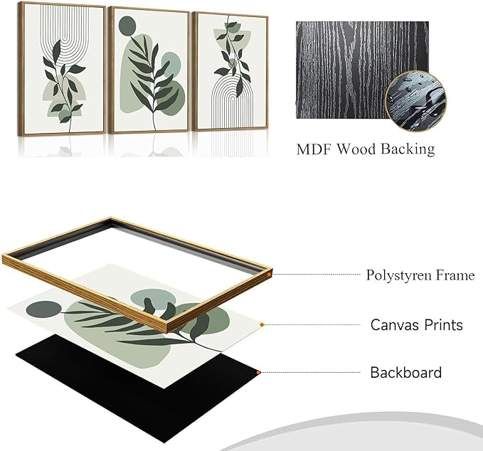 Bwodke Boho Wall Art, Framed Abstract Wall Art, Botanical Canvas Wall Decor, Mid Century Line Leaf Geometric Pictures Set of 3, Minimalist Paintings, for Bedroom Living Room Bathroom 12"x16"