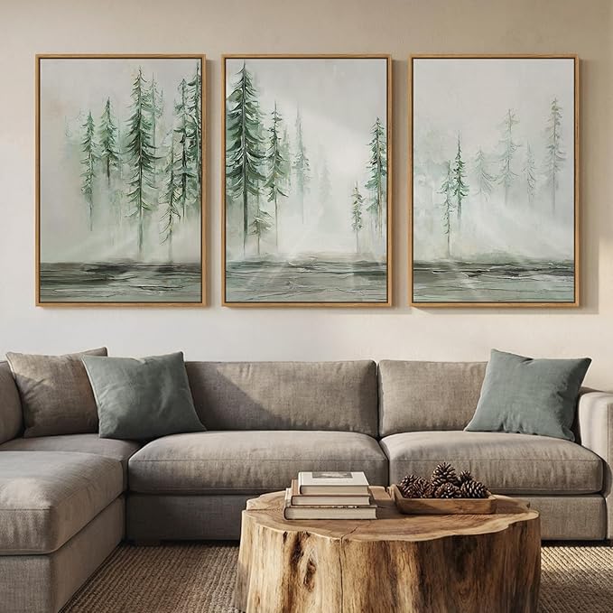 Framed Green Abstract Landscape Wall Art for Living Room, Large 3 Piece Neutral Forest Tree Canvas Artwork for Walls, Modern Wall Art Decor Nordic Painting Picture Prints for Hallway Office 24x36 Inch