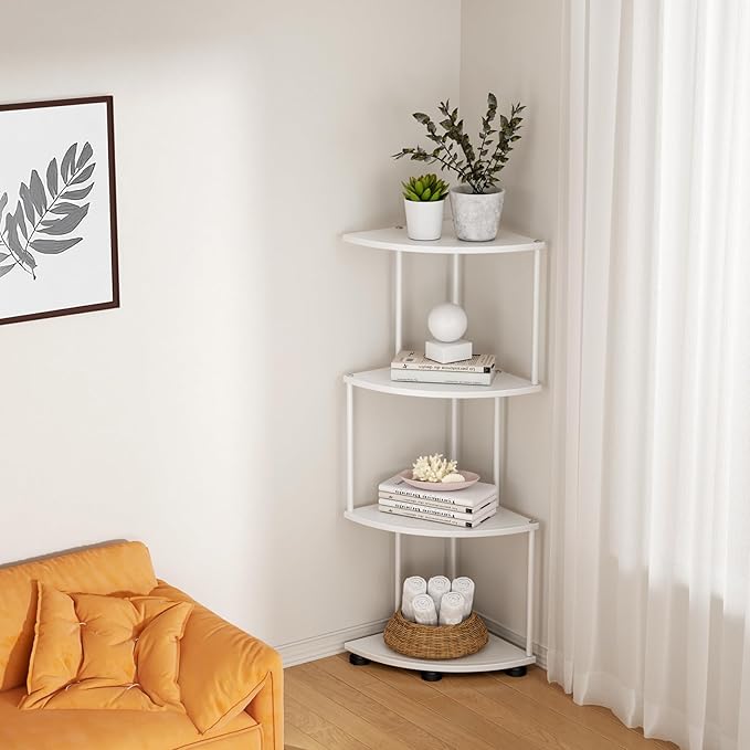 haomsj Metal Corner Shelf Stand 4 Tier 41",Sturdy Baking Paint Process Corner Shelves Display Shelf for Living Room Decor,Wall Corner Bookshelf Office Small Space (White)