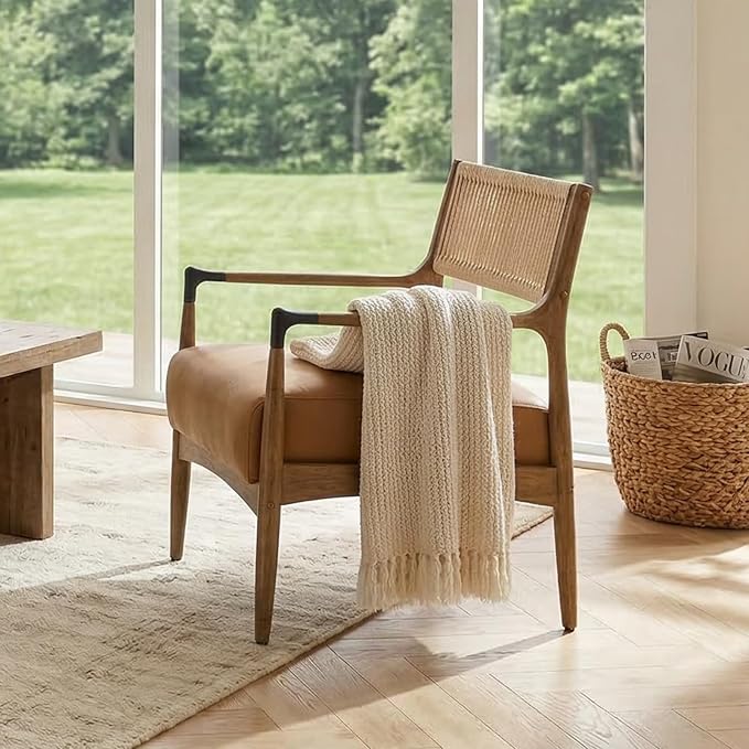 Ya-Home Mid-Century Modern Accent Chairs with Woven Rope Back, Upholstered PU Leather Armchairs with Solid Wood Frame for Living Room Bedroom,2PCS, Brown