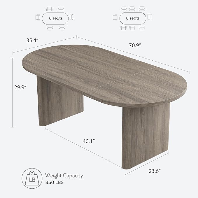 GarveeHome Oval Dining Table for 6-8 People, Long Large Kitchen Table with Thick Sturdy Wooden Base, Farmhouse Dining Room Table for for Kitchen, Living Room, Office (70.87" Long,Grey Walnut)
