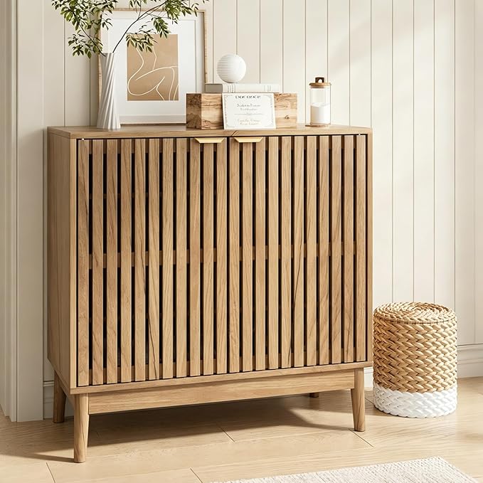 Kiasthome Wooden Sideboard Buffet Cabinet with Slatted Ventilation Doors & Adjustable Shelf, Sideboard Cabinet Storage Cabinet with Ample Storage for Dining Room Entryway (Natural Wood)