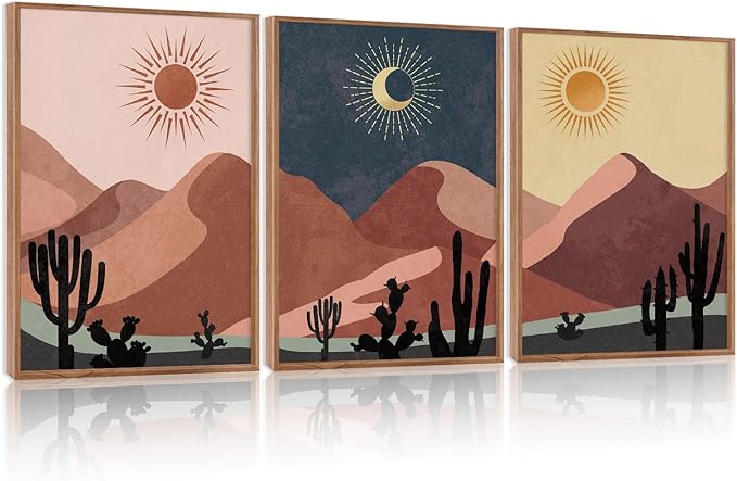 HPNIUB Boho Desert Framed Canvas Wall Art Set, Abstract Sun Moon Art Prints, Modern Cactus Paintings Artwork, Mid Century Southwestern Landscape Wall Decor for Living Room, Office(Set of 3,12X16 Inch)
