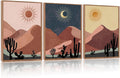 HPNIUB Boho Desert Framed Canvas Wall Art Set, Abstract Sun Moon Art Prints, Modern Cactus Paintings Artwork, Mid Century Southwestern Landscape Wall Decor for Living Room, Office(Set of 3,12X16 Inch)
