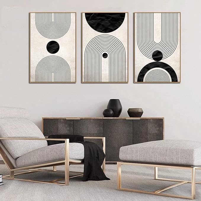 arteWOODS Framed Wall Art Canvas Set Mid Century Boho Pictures Modern Abstract Geometric Wall Decor Minimalist Black Beige Bohemian Painting Artwork for Living Room Bedroom Office 32" x 48" *3 Natural