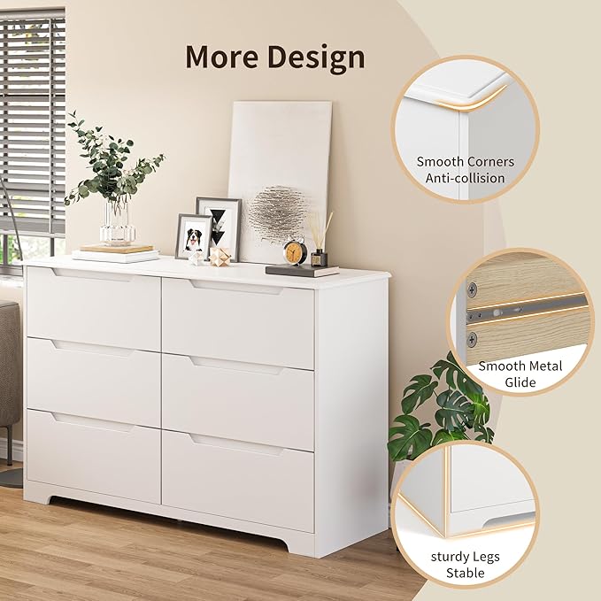 Gizoon 6 Drawer Double Dresser for Bedroom with Anti-Tip Design, Modern Wide Wooden Chest of Drawers with Cut-Out Handles, Closet Storage Organizer and TV Stand for Living Room, Hallway, Entryway
