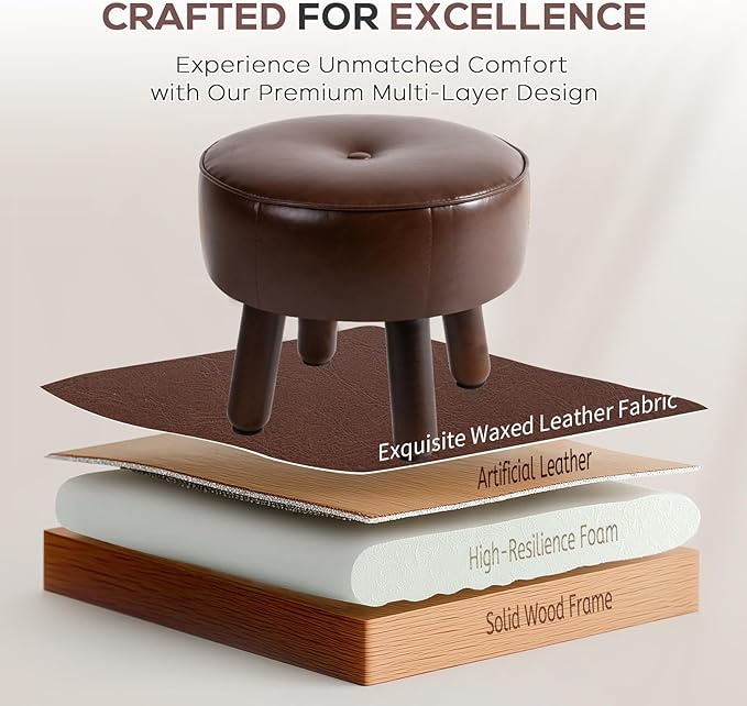 oakvivo Small Foot Stool Ottoman, Round Pouf Foot Rest, Footstool Ottomans with Rubber Legs Under Desk, Faux Leather Footrest for Couch, Living Room, Bedroom, Office, 13''L x 13''W x 10.2''H, Coffee