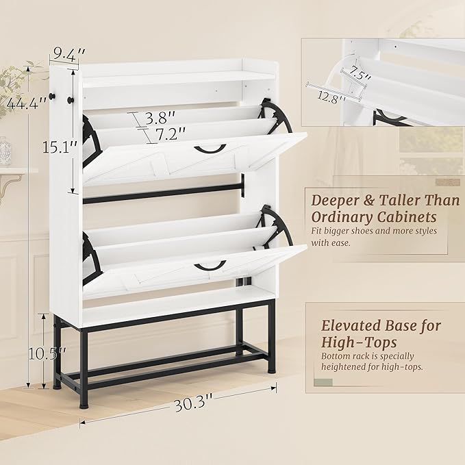 Cozyman Narrow Shoe Storage Cabinet with 2 Flip Drawers & Adjustable Shelf for Entryway, Freestanding Hidden Slim Shoe Organizer Rack, White