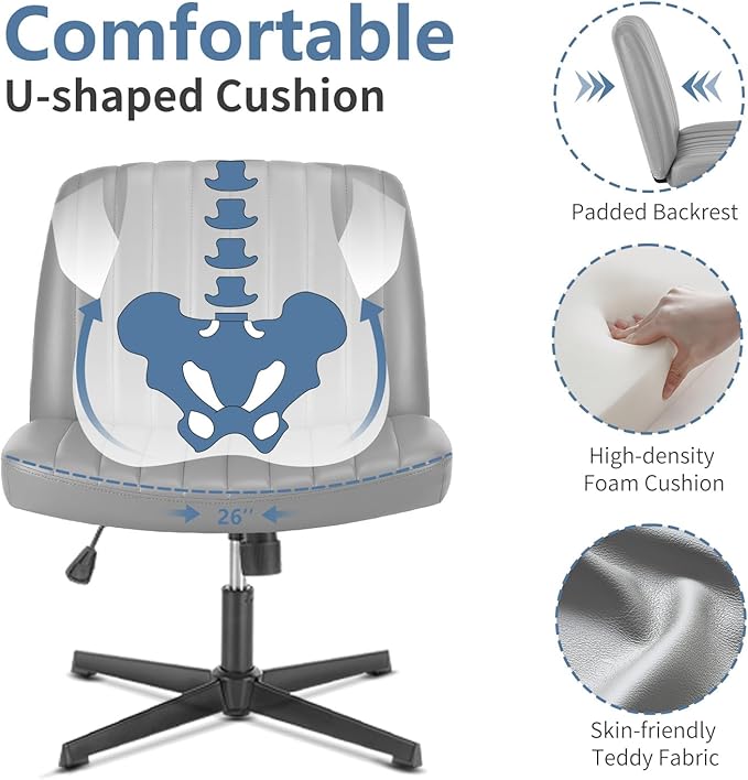 DUMOS Desk Chair No Wheels, Criss Cross Chair Wide Cross Legged Office Desk Vanity Chair, PU Leather Armless Adjustable Swivel Chairs for Home Computer Task,Grey-pu