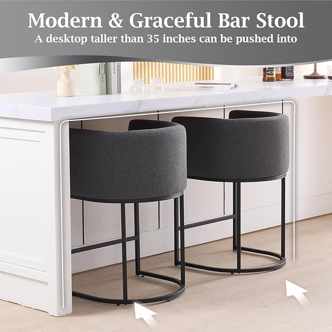 ClinQ 26" H Counter Height Bar Stools Set of 4, Modern Barrel Counter Stools with Backrest and Arms, Black Metal Frames, Linen Fabric Upholstered Accent Barstools for Kitchen Island, Carbon Gray