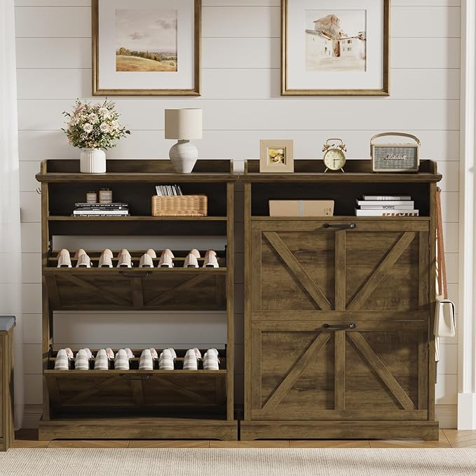 Shoe Cabinet with 2 Flip Drawers, Farmhouse Narrow Shoe Cabinet Organizer with Double-Layer Top, Freestanding entryway organizer with adjustable shelves and hooks, for, Foyer, Hallway, Brown