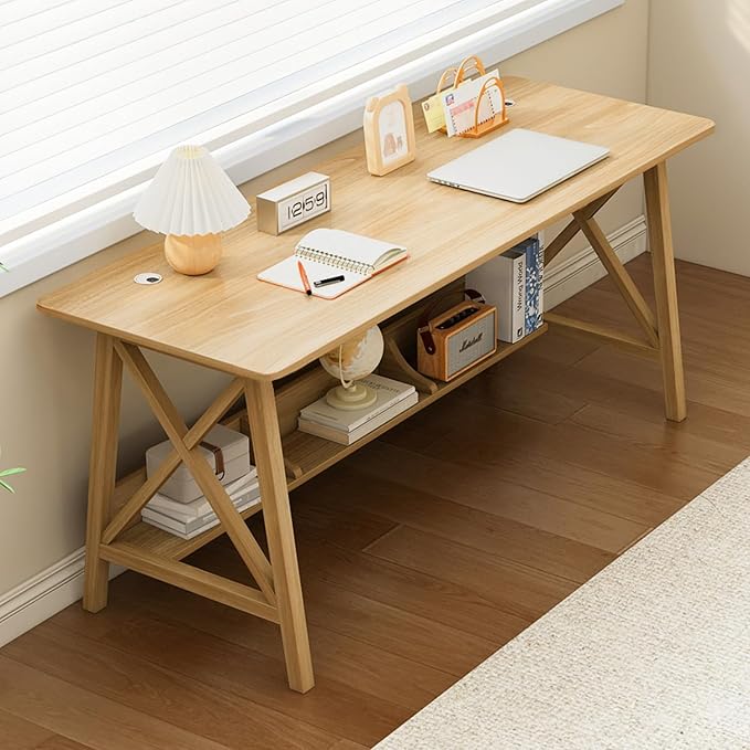 NELYE Extra Long Desk with Bookshelf - Wooden Home Office Work Study Table, Writing Computer Workstation with Storage Shelf in Oak, 55" Wx20 Dx30 H