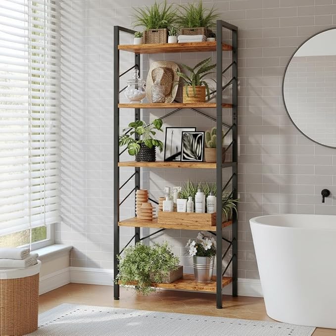 DurayLoly 2 Pieces Book Shelf, 5 Tier Tall Bookshelf with Metal Frame and Sidebars, Modern Bookcase for Bedroom, Home Office and Living Room, Rustic Brown