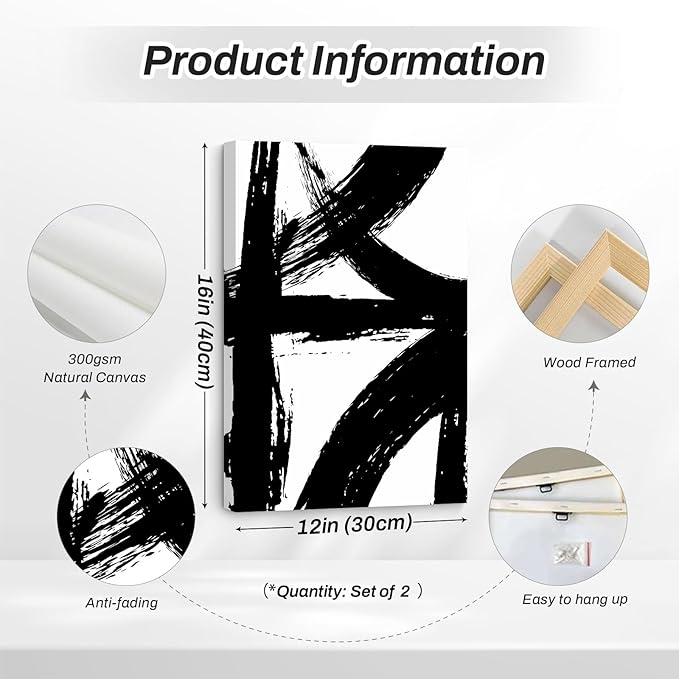 Black and White Wall Art Abstract Modern Painting Minimalist Line Canvas Wall Art Decor Black And White Poster Abstract Artwork Prints for Living Room Bedroom 12x16 Inch Wrapped Canvas Set of 2