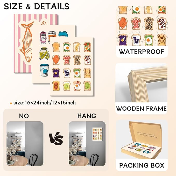 Cute Funny Kitchen Wall Art Set of 3, Fashion Breakfast Food Avocado Toast Canvas Prints Poster, Vintage Simple Sardines Watercolor Picture for Dining Room Kids Room Wall Decor 16x24 Inch Framed