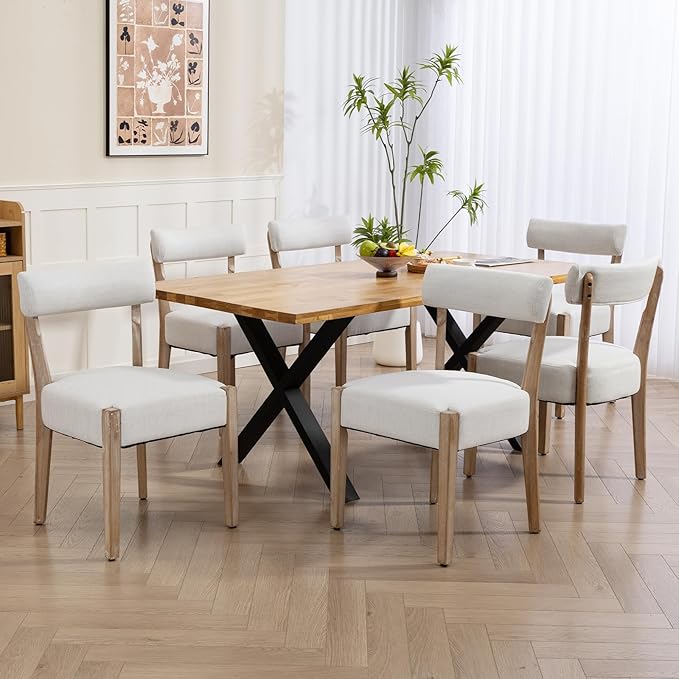 ZJhome Dining Chairs Set of 6,Mid Century Modern Dining Chair Set - Linen Upholstered Low Back Kitchen & Dining Room Chairs with Woven Design,Beige Fabric