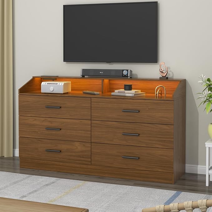 Gyfimoie 6 Drawer Dresser with Power Outlet, Chest of Drawers with LED Light, Modern Dresser with Open Storage Cubby, Double Wide Dressers Organizer for Bedroom, Living Room, Entryway,Hallway