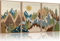 FWIEXA Large Mountain Woodcut Style Canvas Wall Art Set of 3, Sunrise Pine Tree Wall Decor, Forest Animal Painting, Nature Wilderness Lake Landscape, 16x24In Rustic Artwork for Living Room, Bedroom, Bathroom
