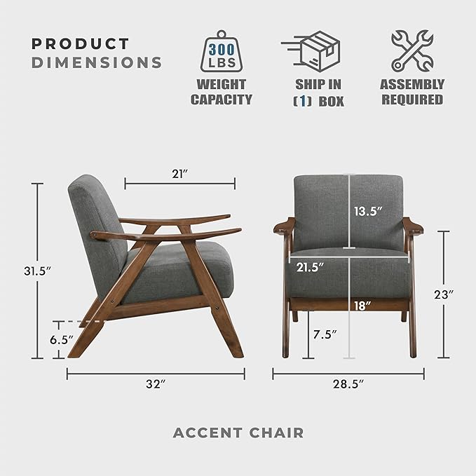 Lexicon Mid Century Modern Accent Chair with Solid Wood Frame in Walnut Finish, Upholstered Living Room Lounge Arm Chair, Thick and Comfy Innerspring Seat Cushion, Linen-Look Fabric, Gray