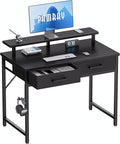 Pamray 32 Inch Small Computer Desk with Monitor Stand Home Office Desks with 2 Drawers for Bedroom Study Writing and Work Table for Small Spaces Black