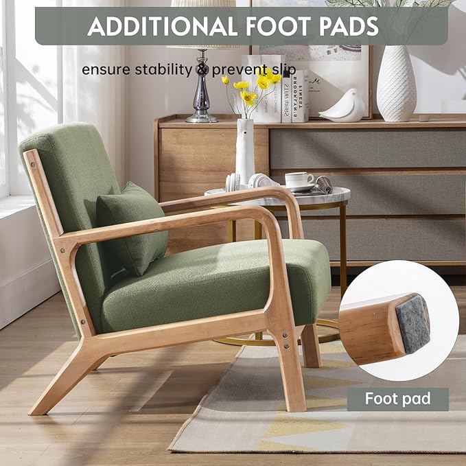 ANJ Mid Century Modern Accent Chair, Comfy Fabric Reading Chair with Solid Wood Frame, Easy Assembly Armchair for Living Room Blackish Green