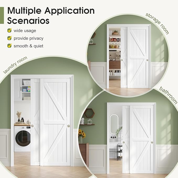 60x80in Sliding Closet Doors (Double 31in) White Bypass Closet Door,Easy Install Modern PVC Closet Doors with Hidden Track,Quiet Rollers,Solid Wood Core,Space Divider for Bedroom Living Room