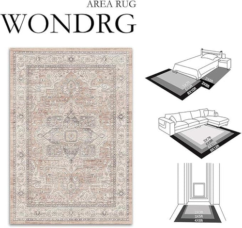 8x10 Washable Vintage Area Rug Coral Oriental Living Room Bedroom Throw Rug Neutral Non Slip Soft Low Pile Carpet for Dining Room Office Nursery Indoor