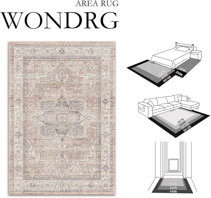 6x9 Washable Vintage Area Rug Coral Oriental Living Room Bedroom Throw Rug Neutral Non Slip Soft Low Pile Carpet for Dining Room Office Nursery Indoor