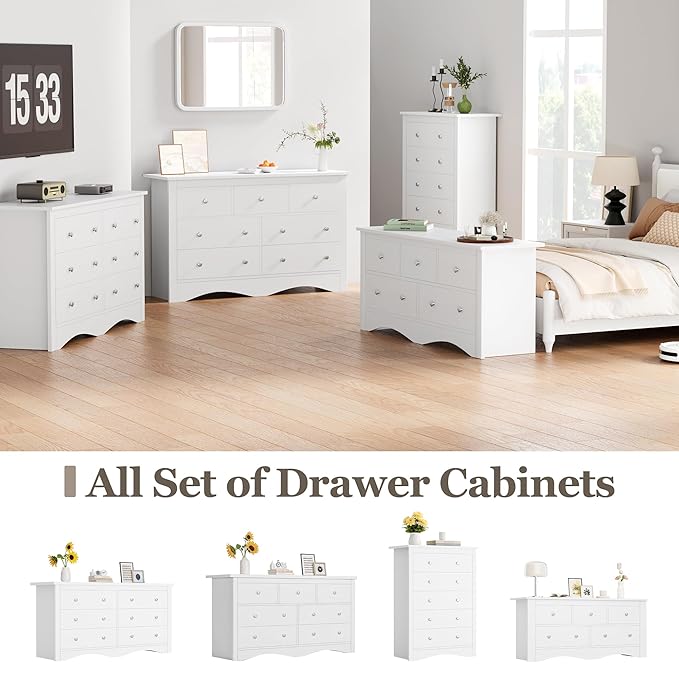 Furmax 5 Dresser for Bedroom, Wood Dresser, Chest of Drawers, for TV up to 65 inch, TV Stand Storage Chest of Drawers for Hallway, Entryway, Living Room (White)