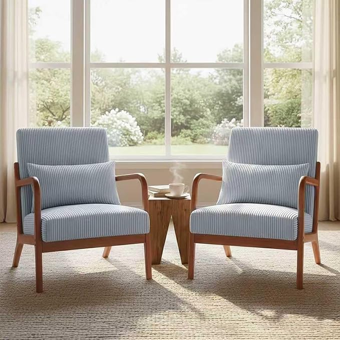 Set of 2 Mid Century Modern Accent Chair with Solid Rubberwood Frame, Comfy Corduroy Reading Armchair with Lumbar Pillow, Compact Lounge Chair for Bedroom, Nursery & Small Spaces, Light Grey