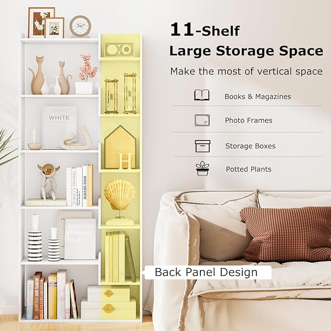 Tangkula 6-Tier Bookshelf, 64”H Tall Open Bookcase with Anti-Tip Kits, Home Office Free-Standing Wood Room Divider Display Book Shelf, Modern 11-Shelf Storage Rack for Study, Living Room (2, White)