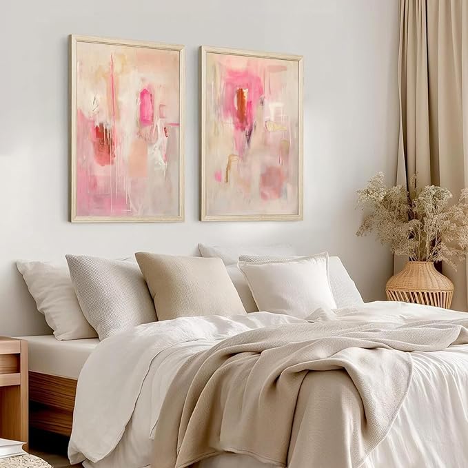 Tocliky Abstract Wall Art Neutral Modern Canvas Painting Decor Pink Beige Minimalist Wall Art Contemporary Abstract Poster Artwork for Living Room Bedroom 12x16 Inch Wood Frame Set of 2