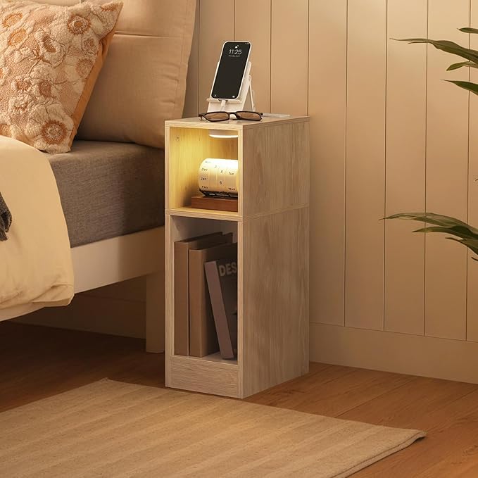MAHANCRIS Narrow Nightstand with LED Light, Narrow End Table with Charging Station, Skinny Bedside Table for Small Spaces, Mid Century Modern Night Stand for Bedroom, Living Roon, Natural ETNA30E01