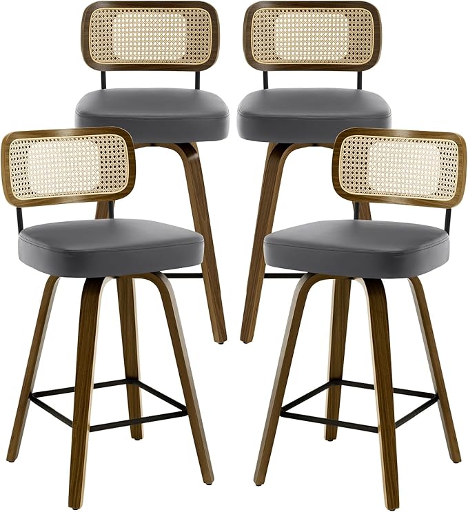 Bekrvio Swivel Counter Height Bar Stools Set of 4, Upholstered Faux Leather Barstools with Rattan Back, 26" Seat Height Bar Chairs for Kitchen Island, Bentwood Wood Frame, Grey