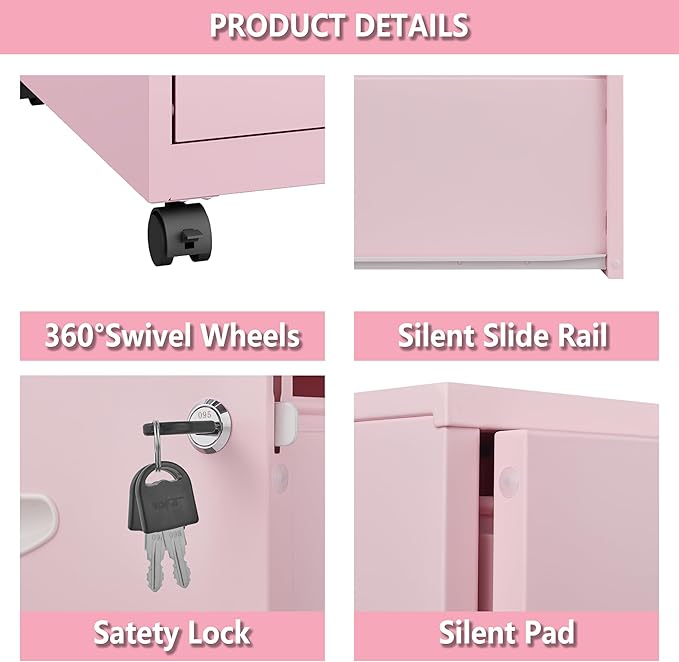 Polup 2 Drawer Rolling File Cabinet on Wheels, Mobile Two Drawer Filing Cabinet with Lock, Small Files Cabinets for Under Desk, Metal Filing Cabinets for Letter Size Folders, Pink - Assembly Required