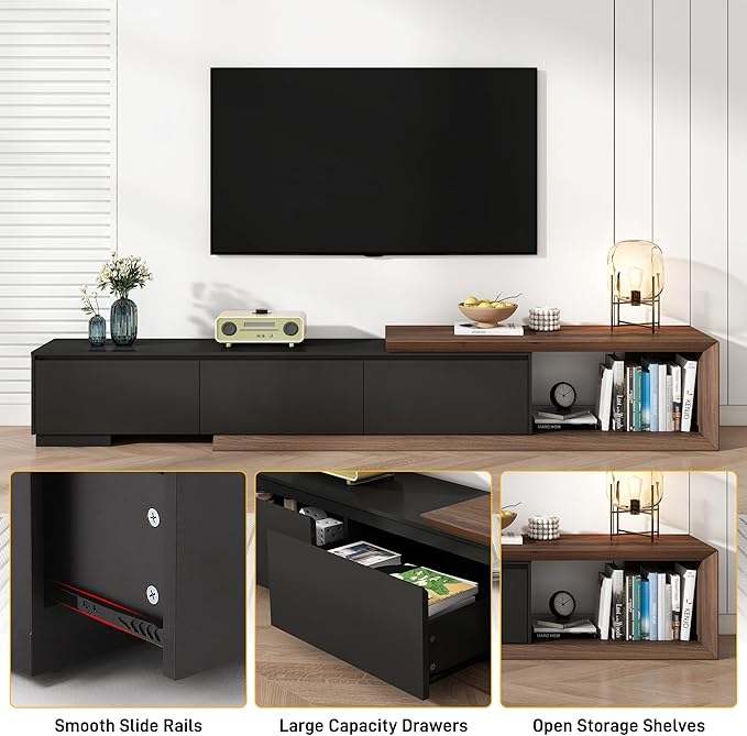 chartustriable Extendable TV Stand with 3 Drawers, Modern Minimalist Entertainment Center, Reversible Long TV Media Console, Bevel Design, 82-107.3 Inch, Black & Walnut