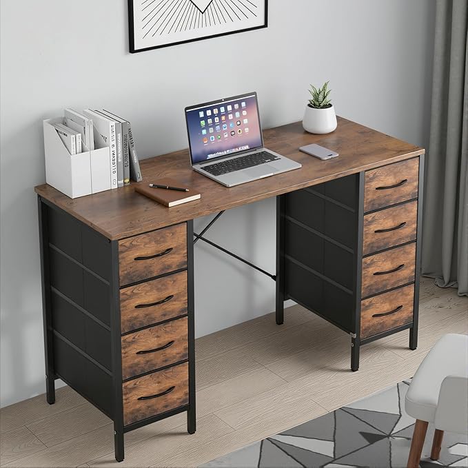 Sweetcrispy Desk with 8 Fabric Storage Drawers, Computer Office 47 Inch Gaming Writing Study Table with X-Shaped Reinforced Structure for Home Office Bedroom PC Desk, Brown