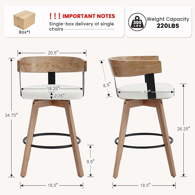 DUOMAY Swivel Bar Stools Set of 2, 26" Counter Height Bar Stool with Footrest Modern Wood Barstools with Linen Upholstered Seat Counter Stools for Kitchen Island Home Bar, White