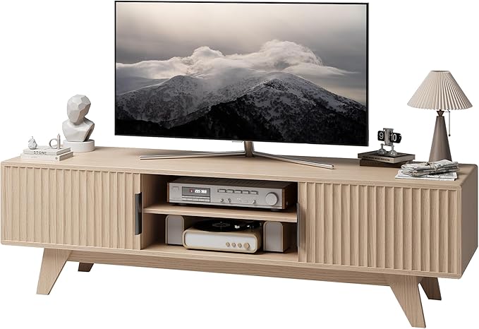 Claiks Mid-Century Modern TV Stand for 65 inch TV, Wood Fluted TV Stand with Storage and Adjustable Shelves, Low Profile TV Console for Living Room, Oak