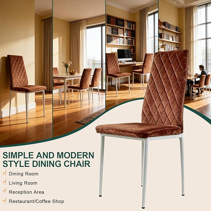 Dining Chairs Set of 2, Velvet Comfortable Seats, Mid-Century Modern Living Room Chairs, Upholstered Kitchen Chairs with Mental Legs and Padded Seat for Bedroom Office Easy Assembly, Brown