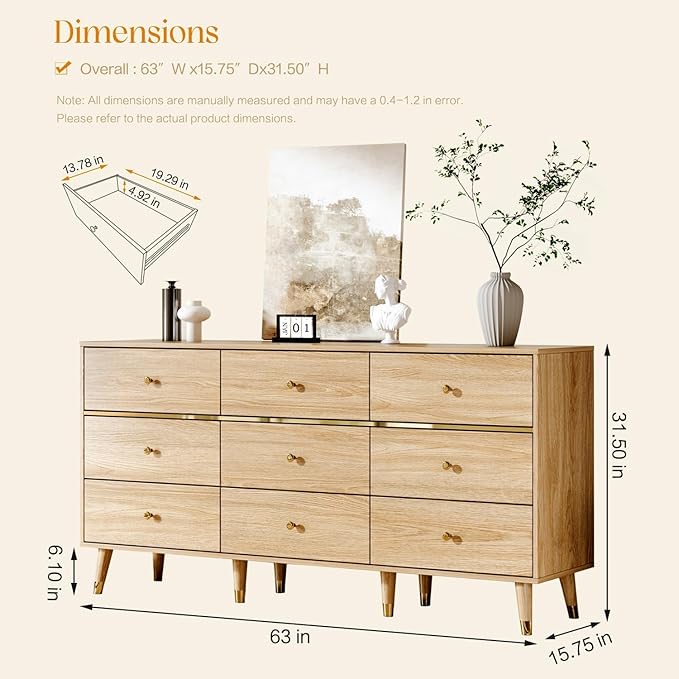 Chrangmay 9 Drawer Dresser,63" Wide Mid Century Modern Chest of Drawers,Wooden Bedroom Drawer Dresser with 9 Storage Drawers for Bedroom, Living Room,with Anti-Tipping Device,Natural