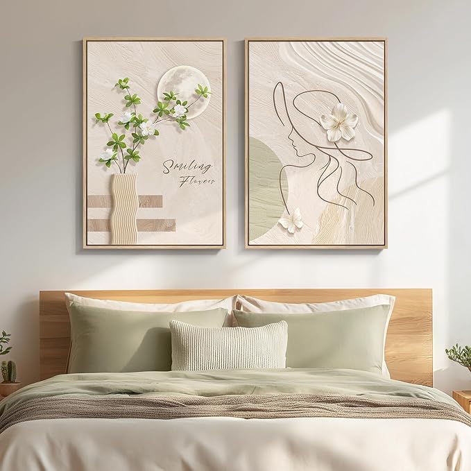 Framed Neutral Boho Wall Art for Bedroom, Set of 2 Beige Line Woman and Botanical Artwork for Living Room Walls, Mid Century Modern Bohemian Canvas Prints for Hallway Office Wall Decor, 20x30 Inch