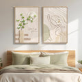 Framed Neutral Boho Wall Art for Bedroom, Set of 2 Beige Line Woman and Botanical Artwork for Living Room Walls, Mid Century Modern Bohemian Canvas Prints for Hallway Office Wall Decor, 20x30 Inch