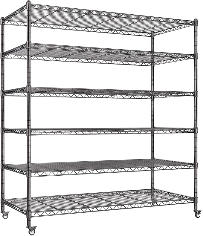 AIRAJ 46”W Storage Shelves with Wheels | 6 Tier Wire Shelving Heavy Duty | 3600 LBS Metal Shelving | Garage Shelving units and Storage | Wire Rack Adjustable Layer Height | 46”W×18”D×80”H | Indoor/Out