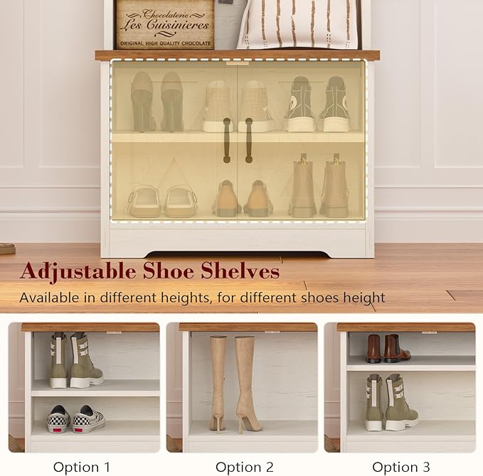 CSZZD Hall Tree with Bench and Shoe Storage, Entryway Bench with Coat Racks and Led Lights, Farmhouse Small Hall Tree with Shoe Cabinet, 7 Coat Hooks, 6 Storage Cubbies, Adjustable Shelf