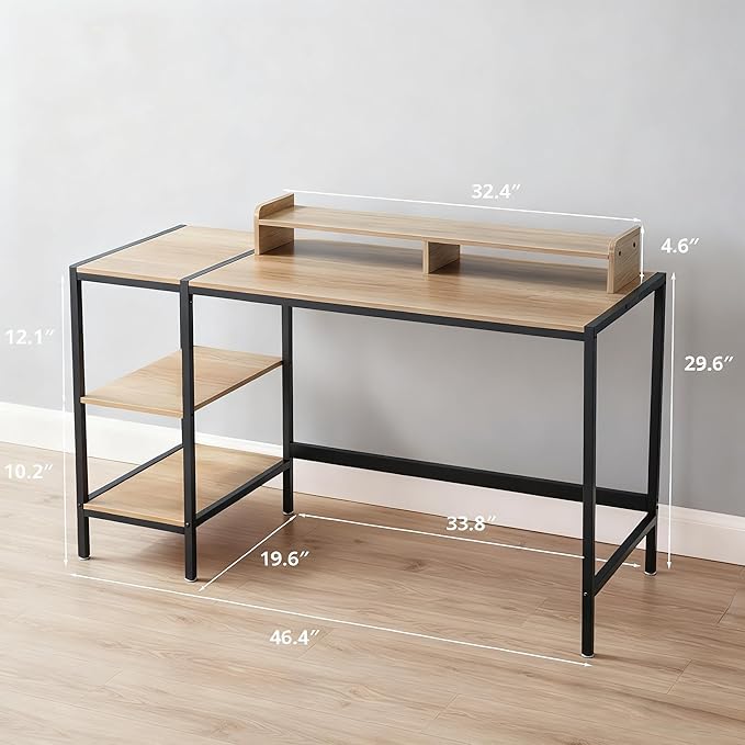 MINOSYS 47-inch Computer Desk with Storage Shelf - Natural Wood Ideal Gaming Desk for Bedrooms, Small Spaces, and Home Offices Modern Writing Desk for PCs.
