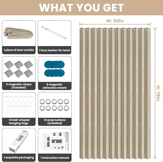 Jilron Accordian Door Curtain, 100% Blackout Folding Magnetic Doorway Curtains,Linen Style Closet Doors,for Room Divider,Privacy Protection（W52 x L78,Beige,1 Panel）