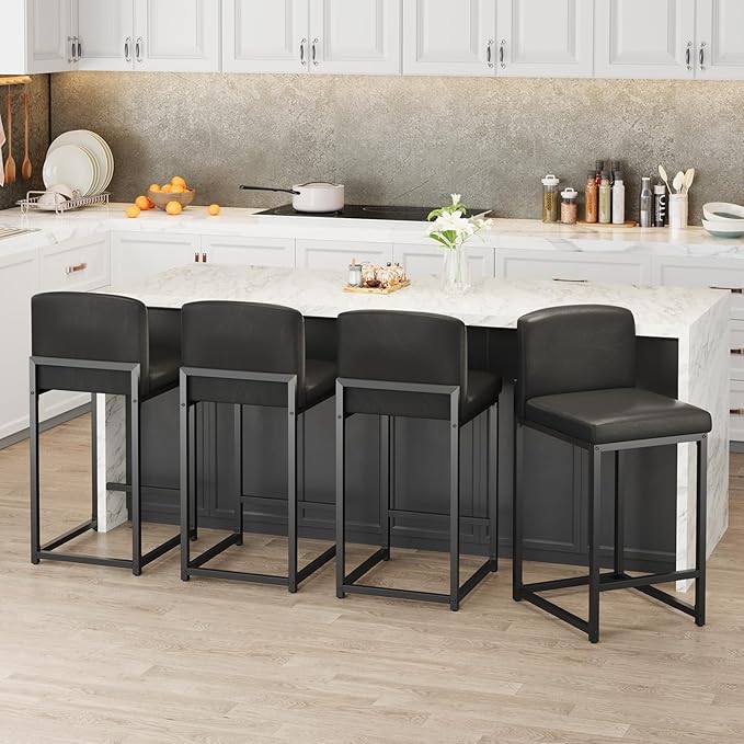 GarveeHome Bar Stools Set of 2, Modern Counter Height Bar Stools with Back and Footrest, Faux Leather Upholstered Barstools Chairs for Kitchen Island Dining Room Bar, Black
