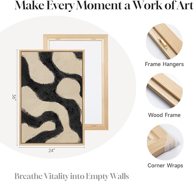Framed Neutral Abstract Wall Art for Living Room, 3 Piece Black and Beige Mid Century Modern Painting Print, Large Line Canvas Artwork for Dining Room Bedroom Hallway Office Walls Decor, 24x36 Inch