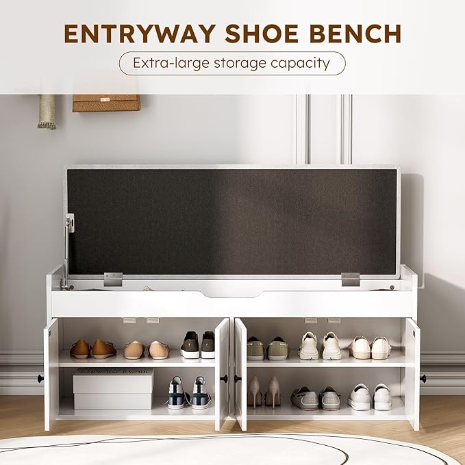 47.2" Storage Bench - Entryway Shoe Bench with 4 Doors and Top Storage Area, Multifunctional Entryway Bench with Lift Top Cushion, Shoe Storage Bench for Bedroom, Living Room, White